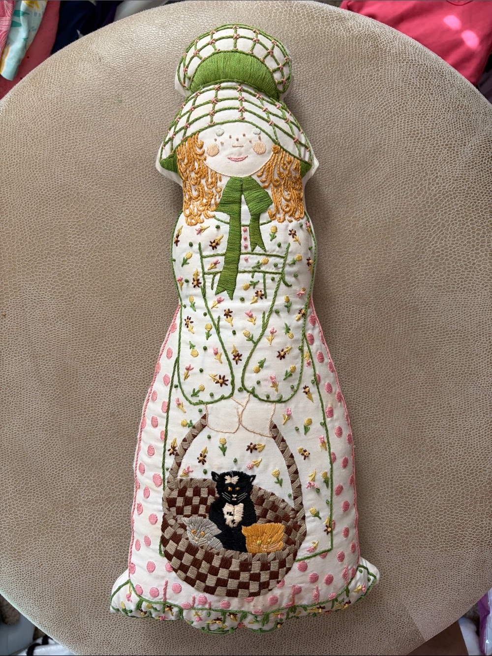 Vintage Handmade Embroidered Doll Pillow with Basket & Cat - Green, Pink, Cream